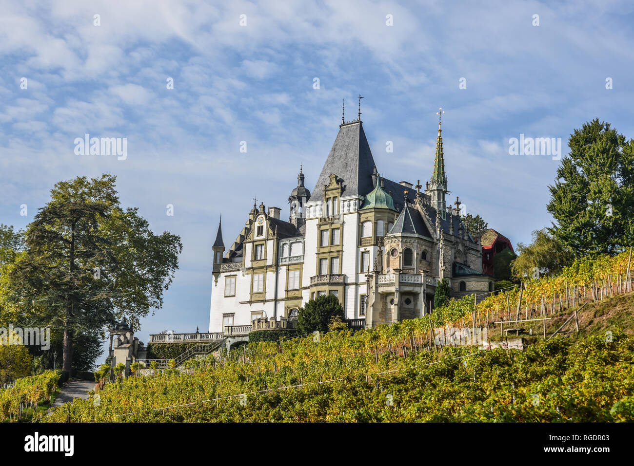 Meggenhorn Castle with vineyard in Lucerne, Switzerland. The castle is a Swiss heritage site of national significance. Stock Photo