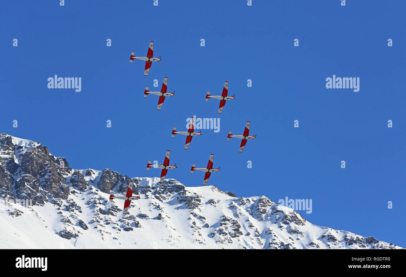 swiss aerobatic squadron over the mountains Stock Photo