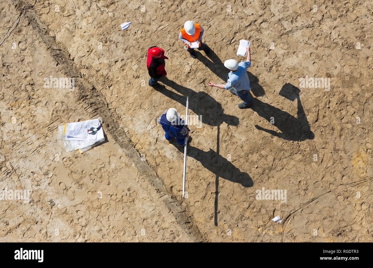 aerial view of a meeting on the construction site Stock Photo