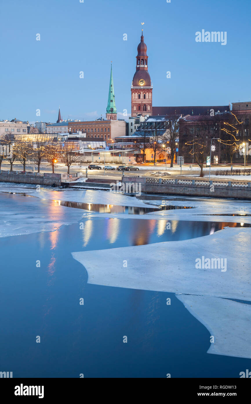 Winter Dawn At Daugava River In Riga Latvia Riga Cathedral Dominates The Skyline Of The Old Town Stock Photo Alamy