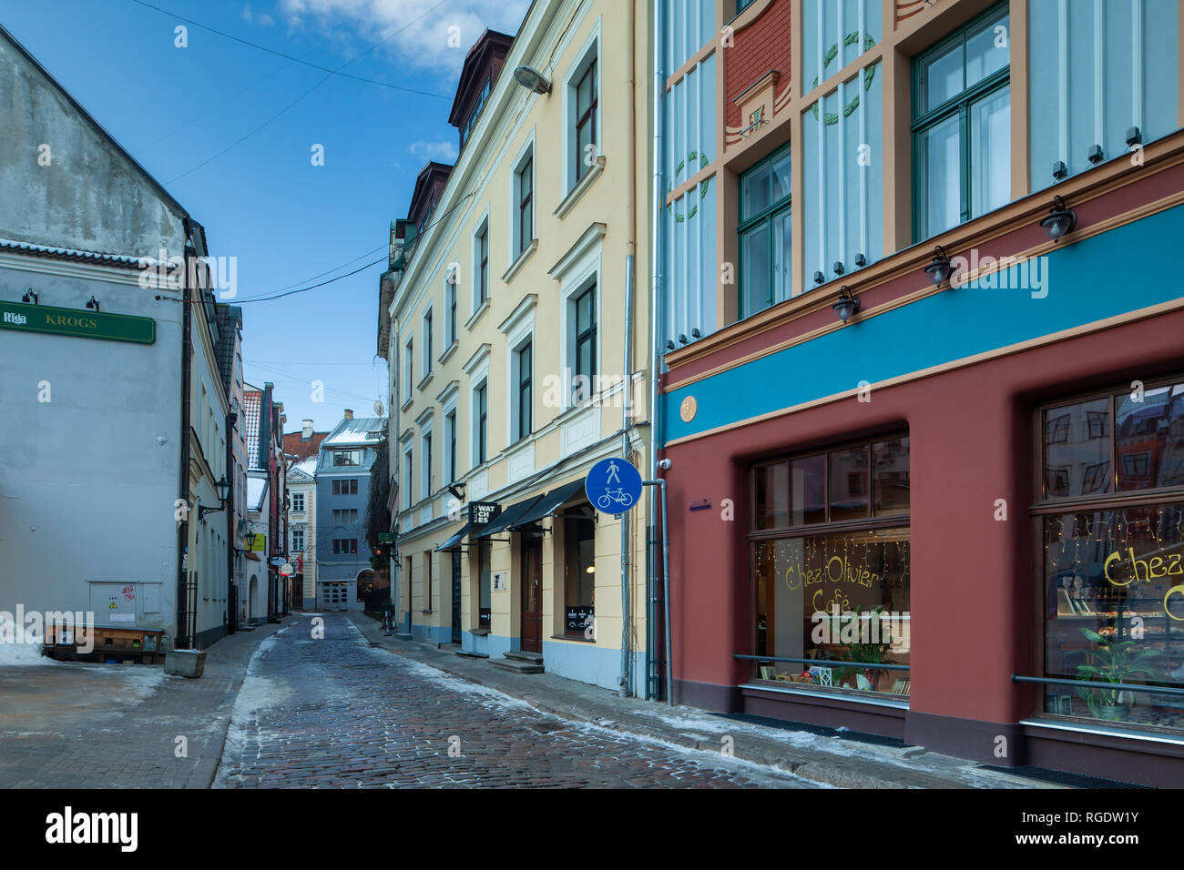 Winter morning in old own of Riga, Latvia. Stock Photo