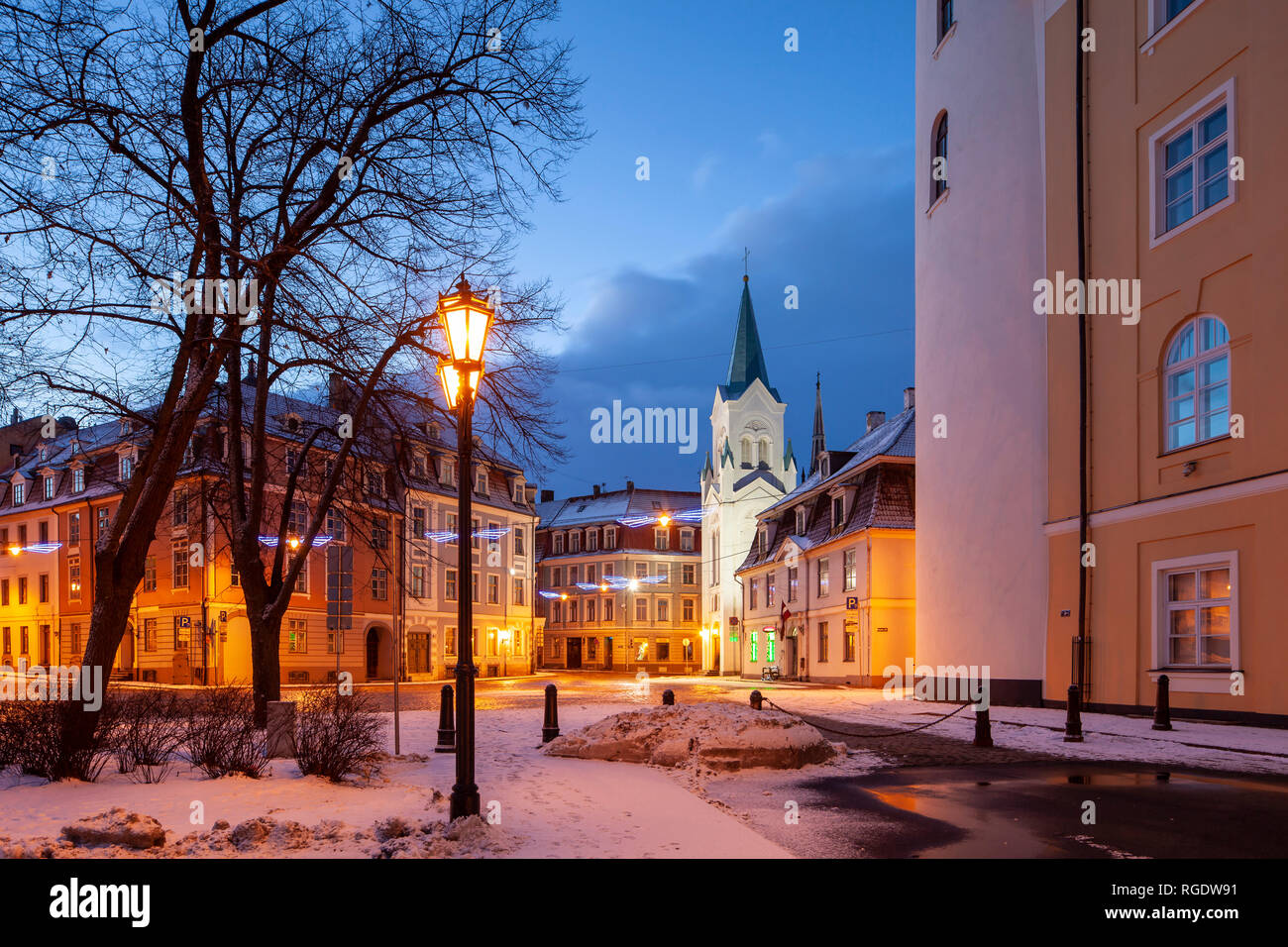 Winter dawn in Riga old town, Latvia. Stock Photo