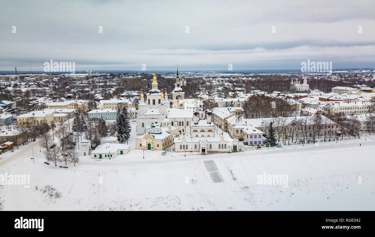 Aerial monasteries and churches in Veliky Ustyug is a town in Vologda Oblast, Russia Stock Photo