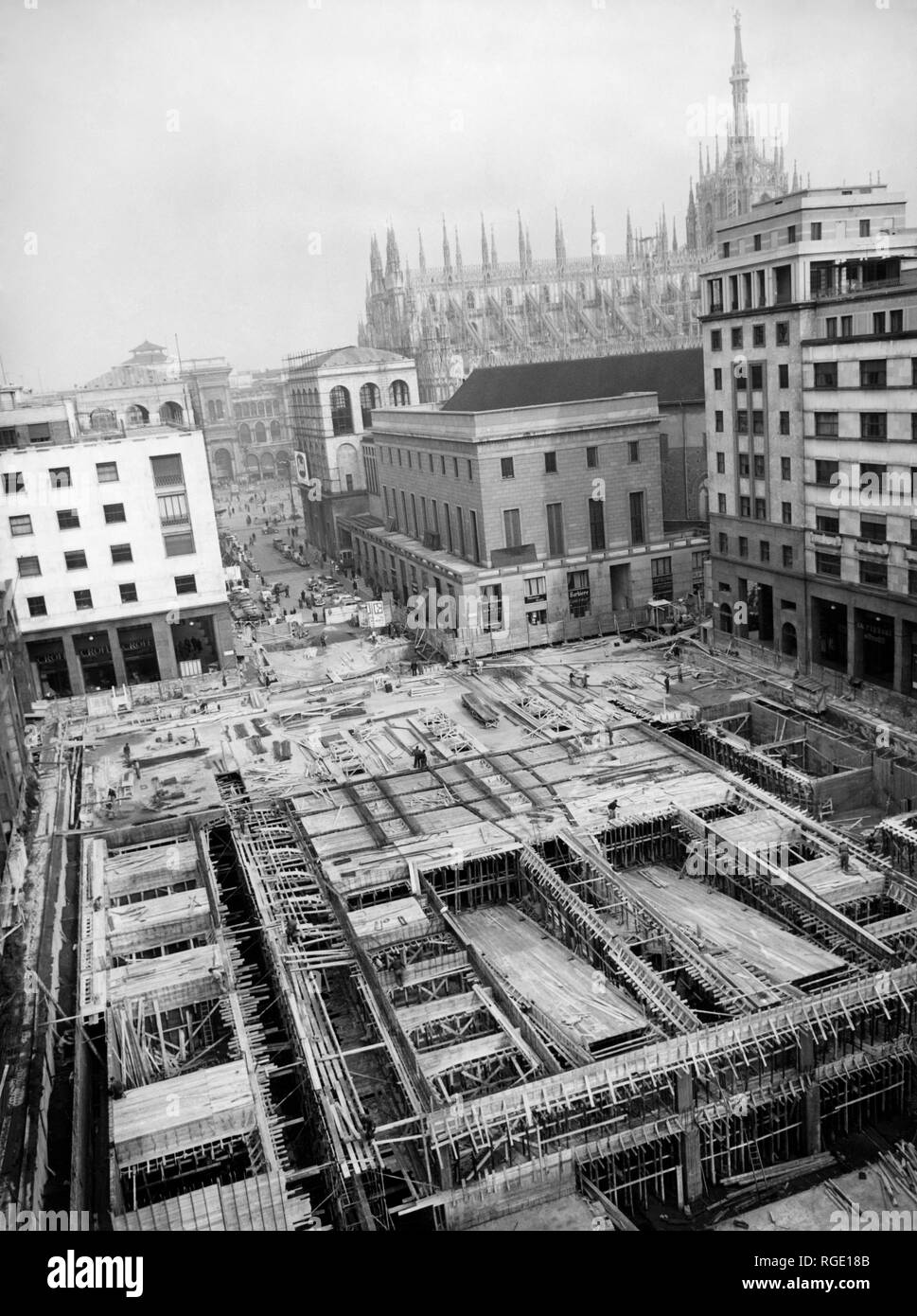 milan, piazza diaz, underground parking garages building yard, 1955 Stock Photo