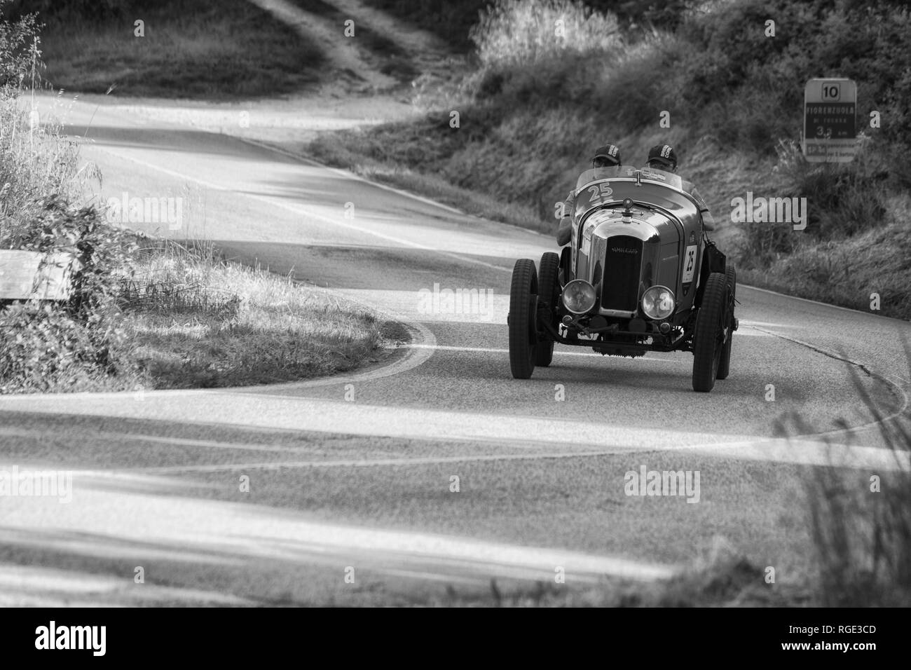 PESARO COLLE SAN BARTOLO , ITALY - MAY 17 - 2018 : AMILCAR CGSS SILURO CORSA 1926 on an old racing car in rally Mille Miglia 2018 the famous italian h Stock Photo