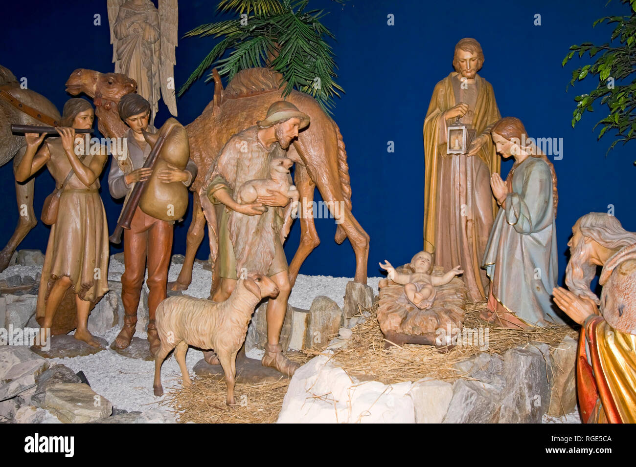 Nativity scene; creche; large wood figures; Jesus; Mary; Joseph