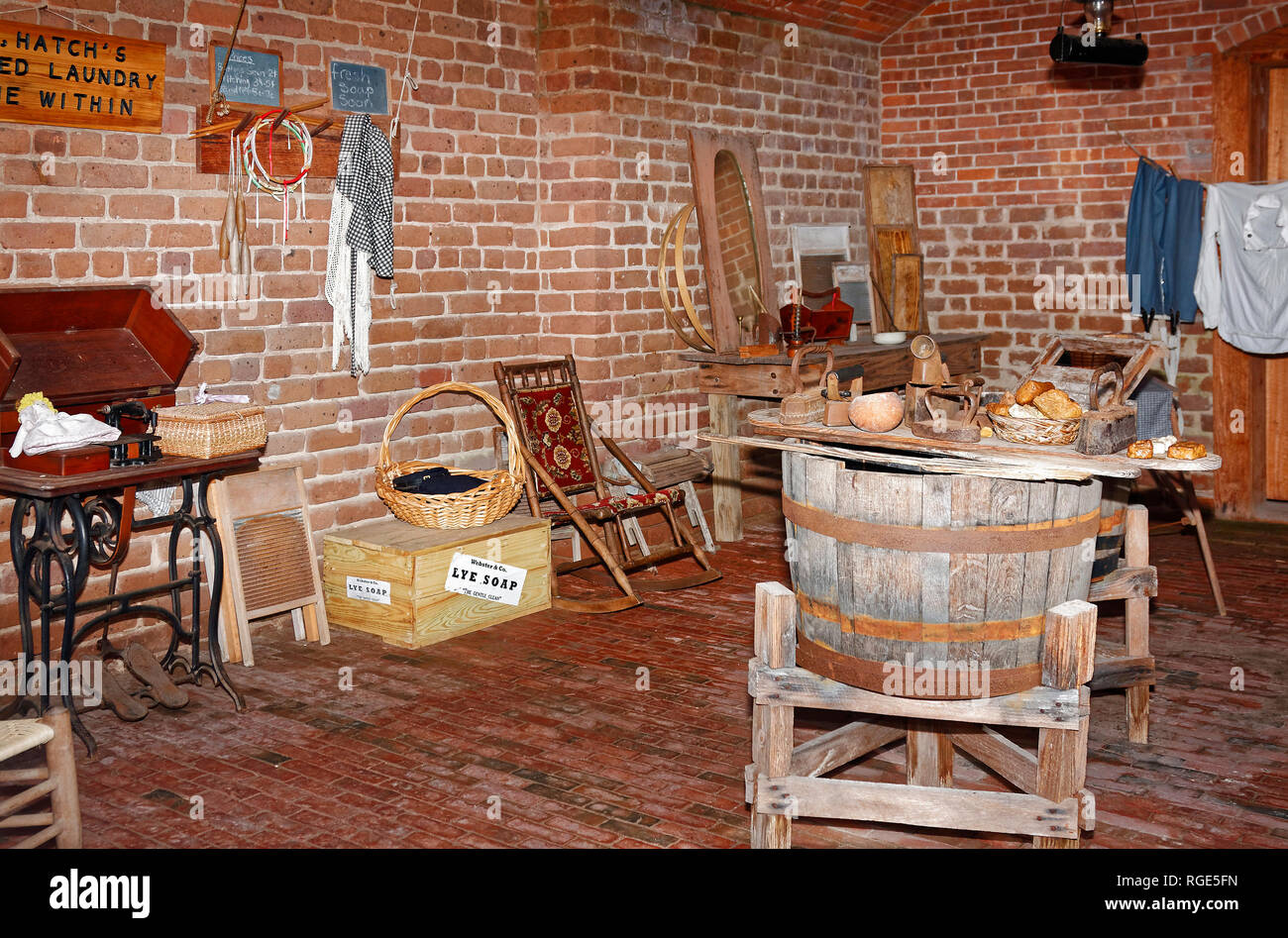 old laundry, wood wash bucket, antique implements, treadle sewing machine, 1847, Third System Fortification, National Register of Historic Places, For Stock Photo