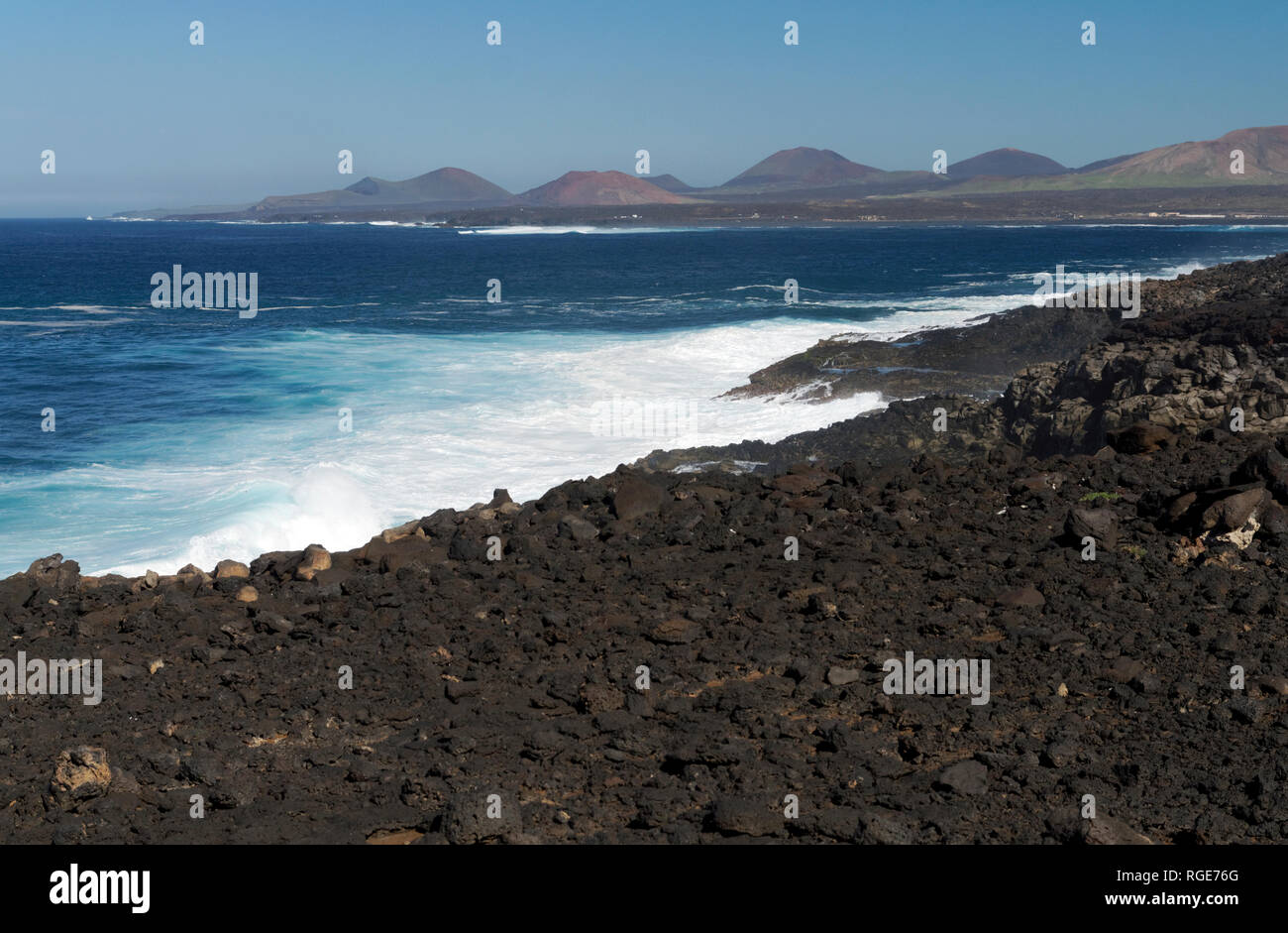 Dramatic Atlantic sea scene, Along the coastline of the Rubicon Desert, Playa Blanca, Lanzarote, Canary Islands, Spain. Stock Photo