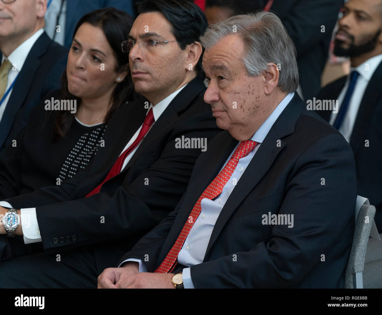 New York, United States. 28th Jan, 2019. New York, NY - January 28, 2019: Danny Danon, Antonio Guterres attend opening of exhibit Beyond Duty: Righteous Diplomats among the Nations at United Nations headquarters Credit: lev radin/Alamy Live News Stock Photo