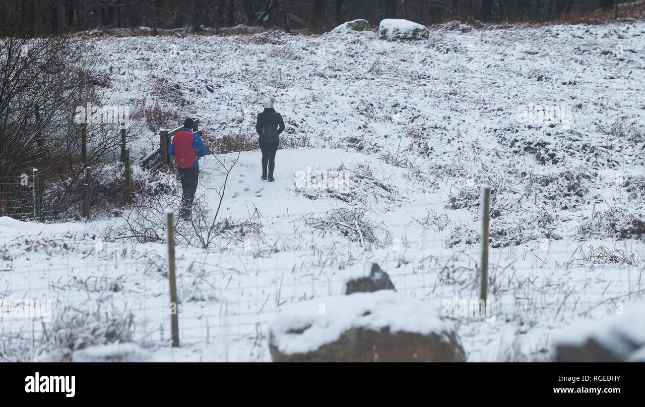 Thirlmere, Keswick, Cumbria. 29th Jan 2019. UK Weather: Walkers go for a hike in snowy conditions at Thirlmere, Keswick, Cumbria, UK. 29th January 2019. Photograph by Richard Holmes. Credit: Richard Holmes/Alamy Live News Stock Photo