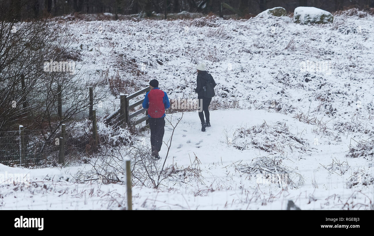 Thirlmere, Keswick, Cumbria. 29th Jan 2019. UK Weather: Walkers go for a hike snowy conditions at Thirlmere, Keswick, Cumbria, UK. 29th January 2019. Photograph by Richard Holmes. Credit: Richard Holmes/Alamy Live News Stock Photo