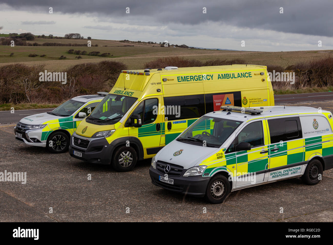 Beachy Head Sussex, UK: 29th Jan 2019: Emergency services were called today to Beachy Head after reports of a person falling from the iconic cliff. Number of ambulance vehicles were sent to the scene Credit: SEUK News/Alamy Live News Stock Photo