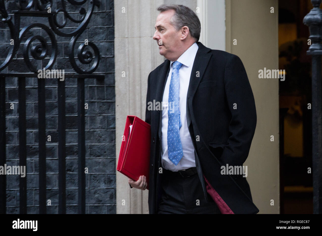 London, UK. 29th Jan, 2019. Liam Fox MP, Secretary of State for International Trade and President of the Board of Trade, leaves 10 Downing Street following a Cabinet meeting on the day of votes in the House of Commons on amendments to Prime Minister Theresa May's final Brexit withdrawal agreement which could determine the content of the next stage of negotiations with the European Union. Credit: Mark Kerrison/Alamy Live News Stock Photo
