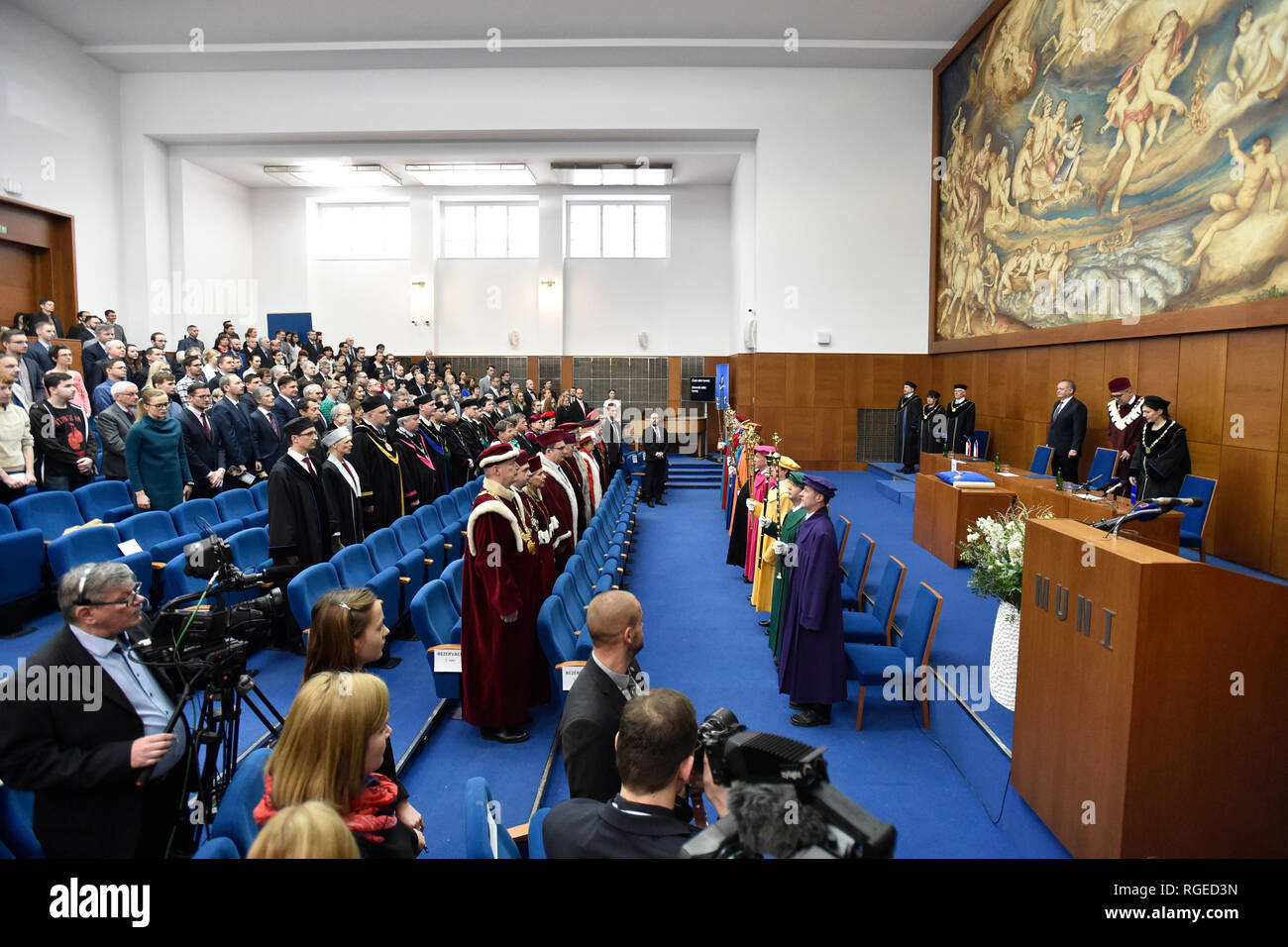 Slovak President Andrej Kiska (3rd right) criticises university financing based on number of students after receiving the Great Gold Medal of Brno's Masaryk University on the 100th anniversary of its establishment during the debate with students in Brno, Czech Republic, January 29, 2019. (CTK Photo/Vaclav Salek) Stock Photo