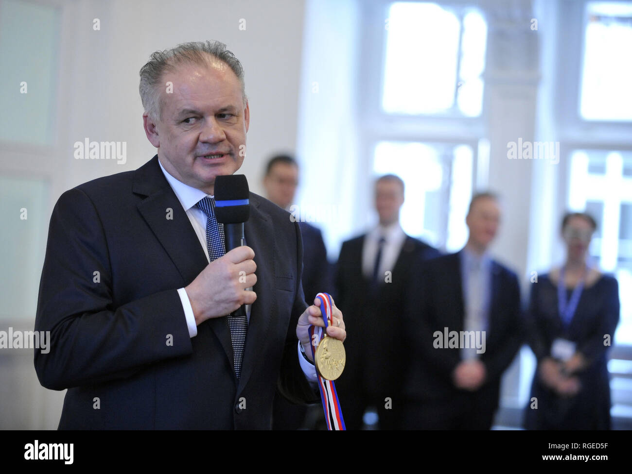 Slovak President Andrej Kiska criticises university financing based on number of students after receiving the Great Gold Medal of Brno's Masaryk University on the 100th anniversary of its establishment during the debate with students in Brno, Czech Republic, January 29, 2019. (CTK Photo/Igor Zehl) Stock Photo