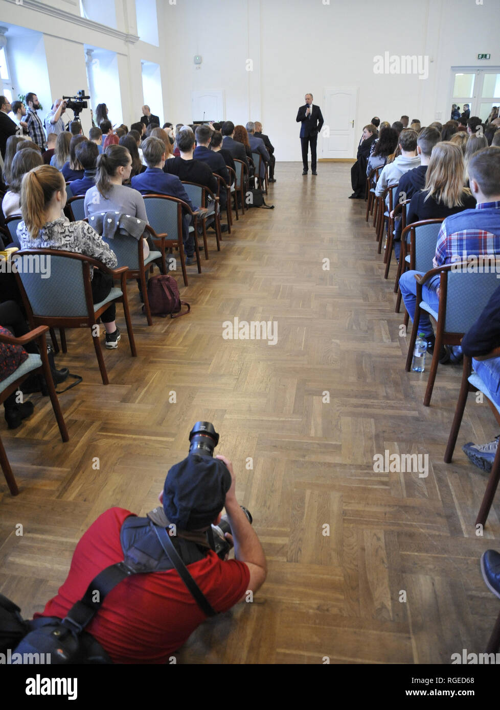 Slovak President Andrej Kiska criticises university financing based on number of students after receiving the Great Gold Medal of Brno's Masaryk University on the 100th anniversary of its establishment during the debate with students in Brno, Czech Republic, January 29, 2019. (CTK Photo/Igor Zehl) Stock Photo