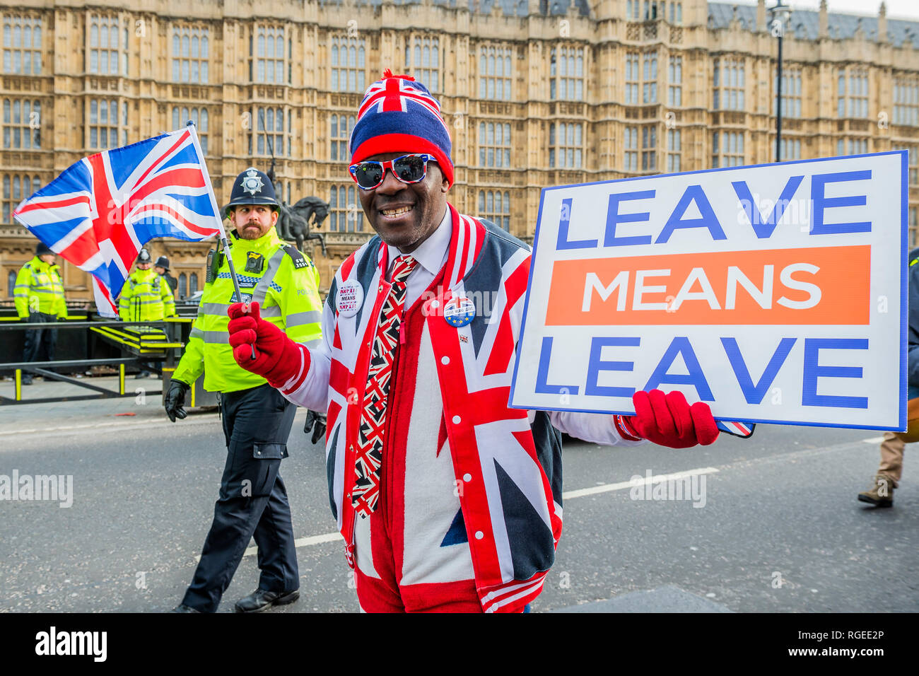 London, UK. 29th Jan 2019.  Leave means leave and SODEM, pro EU, protestors continue to make their points, side by side, outside Parliament as the next vote on Theresa May's plan is due this evening. Credit: Guy Bell/Alamy Live News Stock Photo