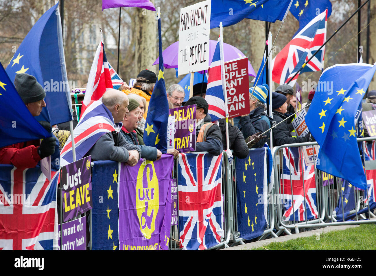 London ,UK. 29th January , 2019 .Pro and anti Brexit protesters demonstrate outside the Houses of Parliament on the day of voting on the amendments to the Withdrawal Act. Credit : George Cracknell Wright /Alamy Live News Stock Photo