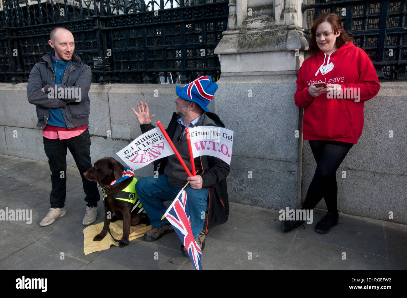 Westminster, London. January 29th 2019. Demonstrators, for and against Brexit, outside Houses of Parliament as amendments to the European withdrawal agreement are voted on. Credit: Jenny Matthews/Alamy Live News Stock Photo