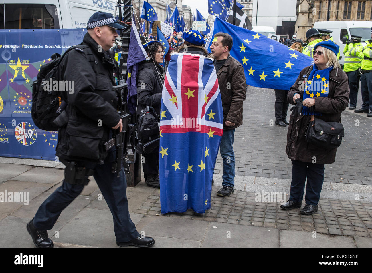 London UK 29th Jan 2019 Armed Police man walks past anti Brexit demonstrators outside the Houses of Parliament in Westminster on the day MPs vote on EU withdrawal deal amendments. Credit: Thabo Jaiyesimi/Alamy Live News Stock Photo