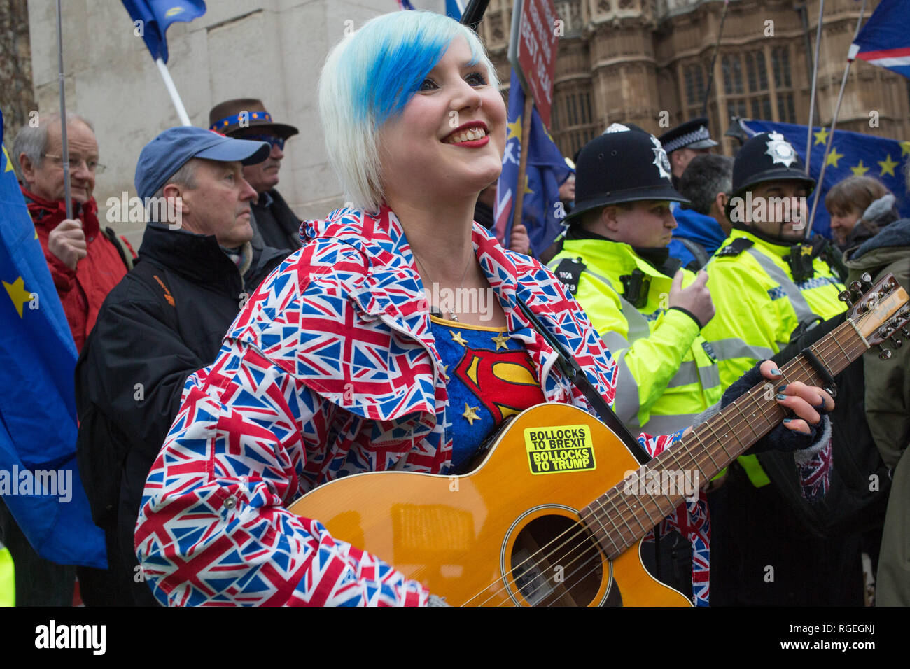 London UK 29th Jan 2019 A pro-EU protester Madeleina Kay sings a song opposite the Houses of Parliament in London on the day MPs vote on EU withdrawal deal amendments. Credit: Thabo Jaiyesimi/Alamy Live News Stock Photo