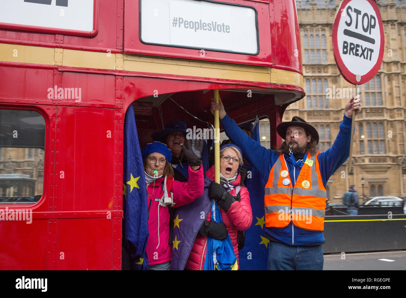 London UK 29th Jan 2019 Pro-EU protesters demonstrate on a bus near the Houses of Parliament on the day MPs vote on EU withdrawal deal amendments. Credit: Thabo Jaiyesimi/Alamy Live News Stock Photo