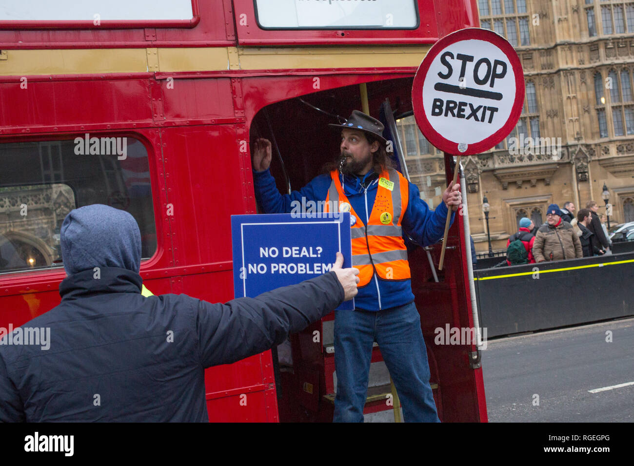 London UK 29th Jan 2019 A pro-EU protester demonstrates on a bus near the Houses of Parliament on the day MPs vote on EU withdrawal deal amendments. Credit: Thabo Jaiyesimi/Alamy Live News Stock Photo