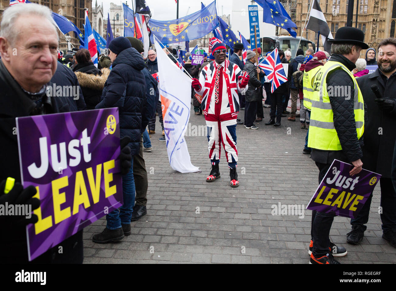 London UK 29th Jan 2019 A pro-Brexit activist dressed in Union flag themed clothes demonstrates opposite the Houses of Parliament in London on the day MPs vote on EU withdrawal deal amendments. Credit: Thabo Jaiyesimi/Alamy Live News Stock Photo