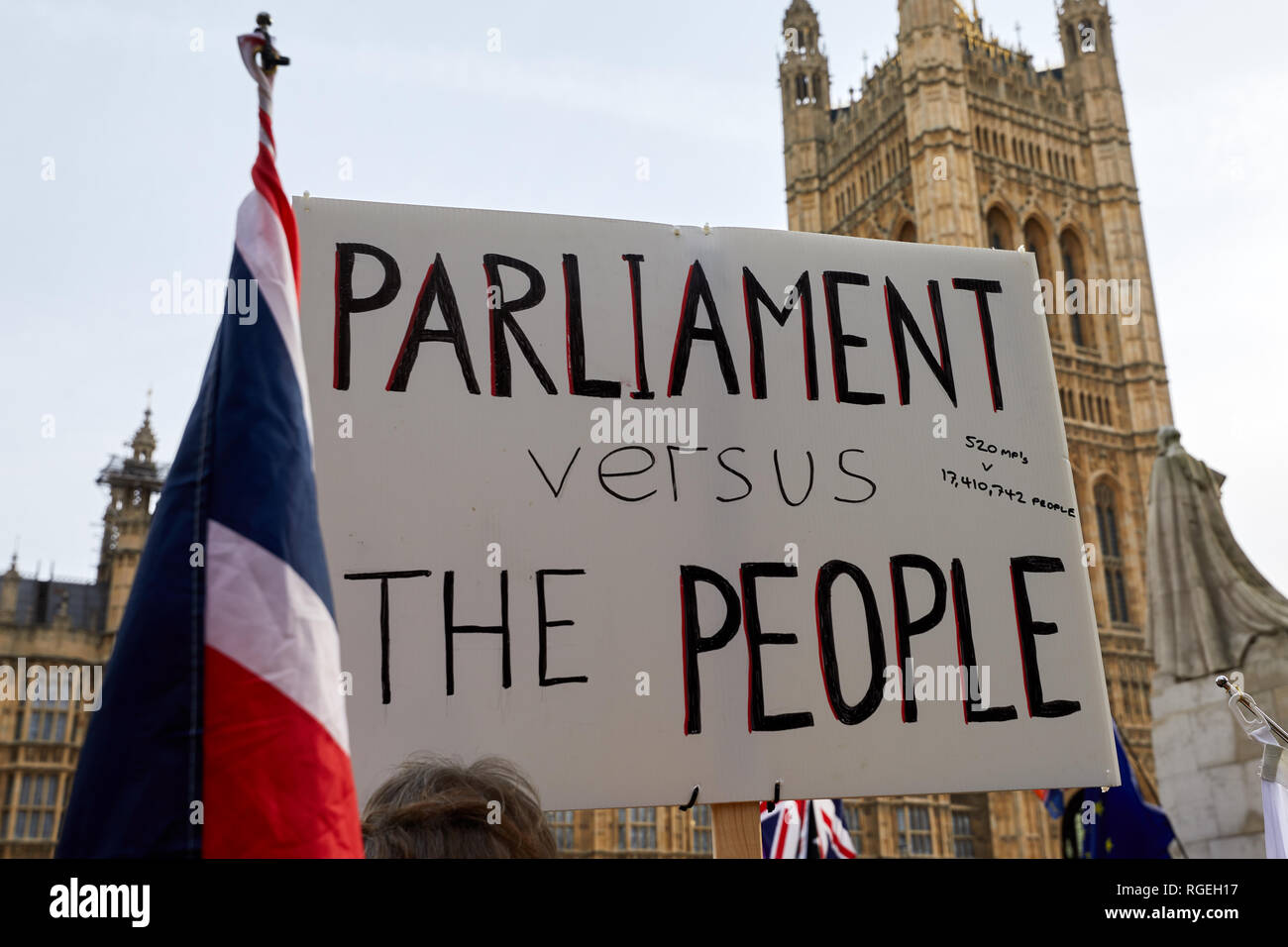 London, UK. - Jan 29, 2019: A placard held aloft opposite Parliament on a crucial day for Brexit discussion inside the House of Commons. Credit: Kevin J. Frost/Alamy Live News Stock Photo