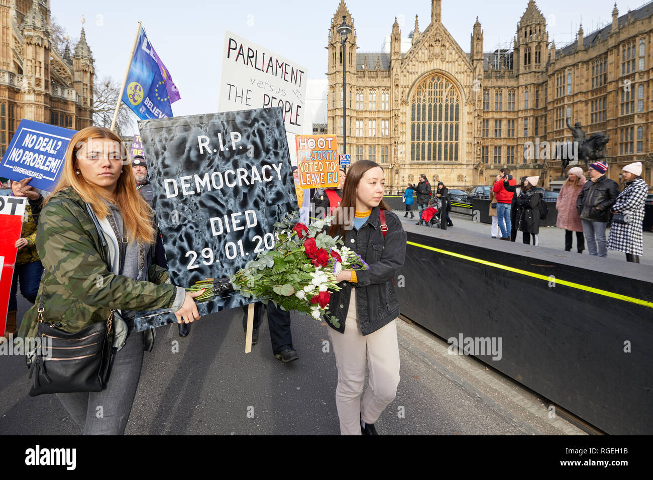 London, UK. - Jan 29, 2019: Protestors hold a funeral march outside Parliament on a crucial day for Brexit discussion inside the House of Commons. Credit: Kevin J. Frost/Alamy Live News Stock Photo