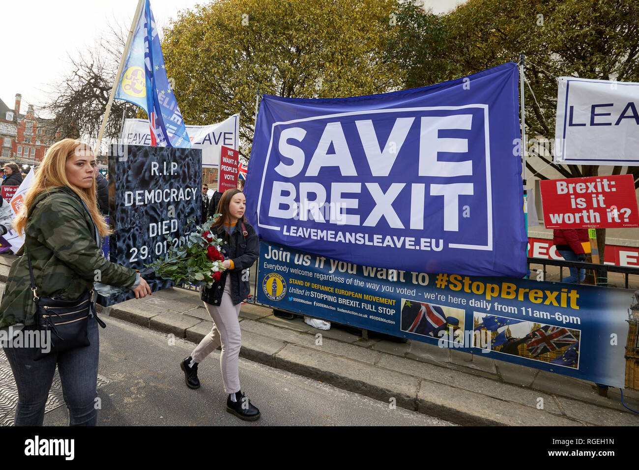 London, UK. - Jan 29, 2019: Protestors hold a funeral march outside Parliament on a crucial day for Brexit discussion inside the House of Commons. Credit: Kevin J. Frost/Alamy Live News Stock Photo