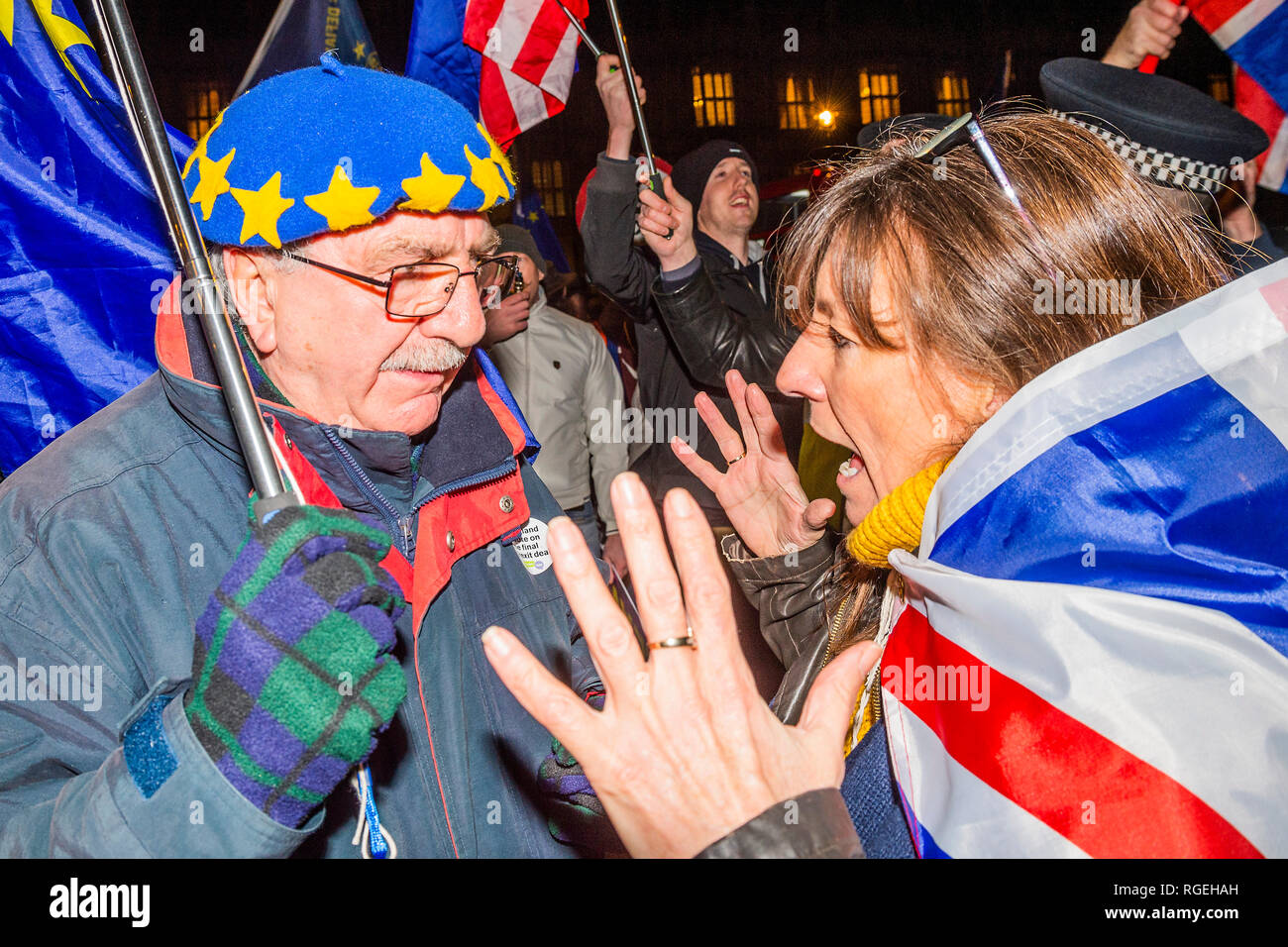 London, UK. 29th January, 2019. Conversations between opposing sides are passionate and become slightly heated - Leave means leave and SODEM, pro EU, protestors continue to make their points, side by side, outside Parliament as the next vote on Theresa May's plan is due this evening. Credit: Guy Bell/Alamy Live News Stock Photo