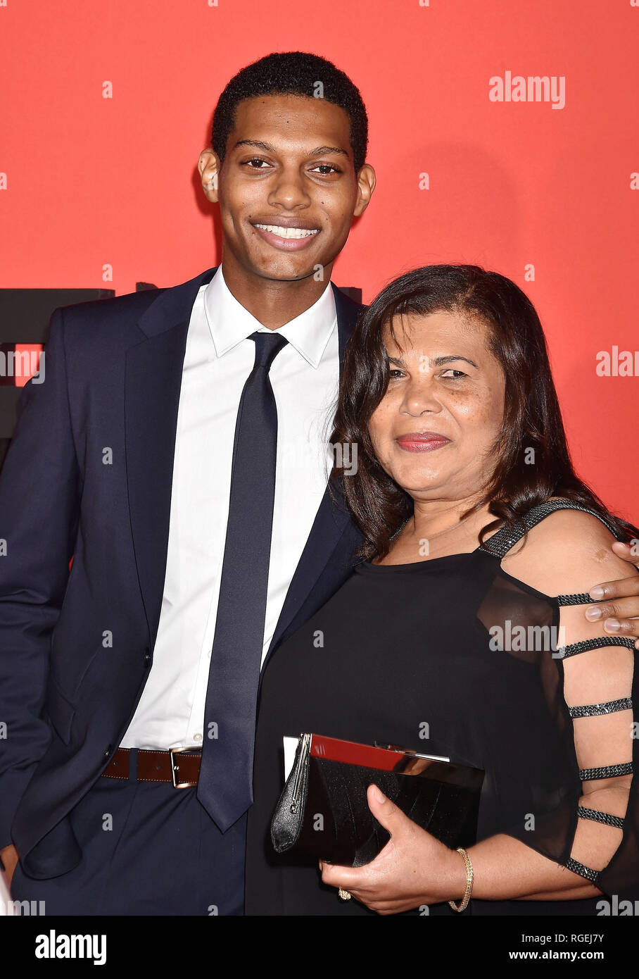 WESTWOOD, CA - JANUARY 28: Shane Paul McGhie (L) and his mother arrive for Paramount Pictures' 'What Men Want' Premiere held at Regency Village Theatre on January 28, 2019 in Westwood, California. Credit: Jeffrey Mayer/Alamy Live News Stock Photo