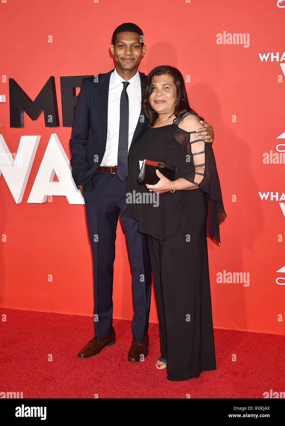 WESTWOOD, CA - JANUARY 28: Shane Paul McGhie (L) and his mother arrive for Paramount Pictures' 'What Men Want' Premiere held at Regency Village Theatre on January 28, 2019 in Westwood, California. Credit: Jeffrey Mayer/Alamy Live News Stock Photo