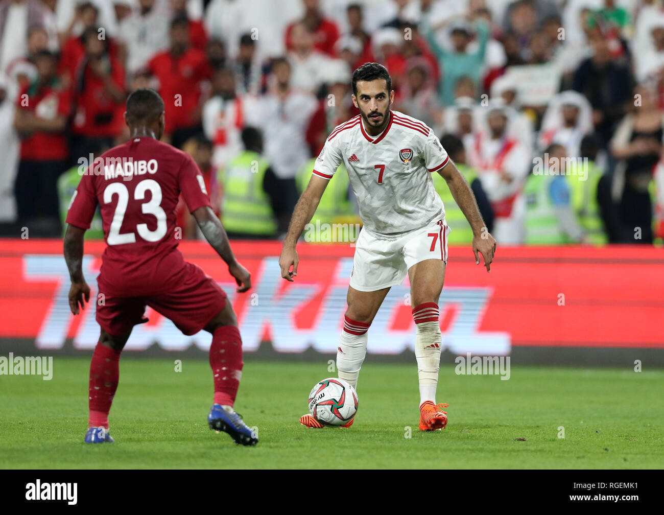 Abu Dhabi, United Arab Emirates. 29th Jan, 2019. Ali Ahmed Mabkhout (UAE) Football/Soccer : AFC Asian Cup UAE 2019, Round of 4 match between Qatar 4-0 United Arab Emirates at Mohammed Bin Zayed Stadium in Abu Dhabi, United Arab Emirates . Credit: AFLO/Alamy Live News Stock Photo