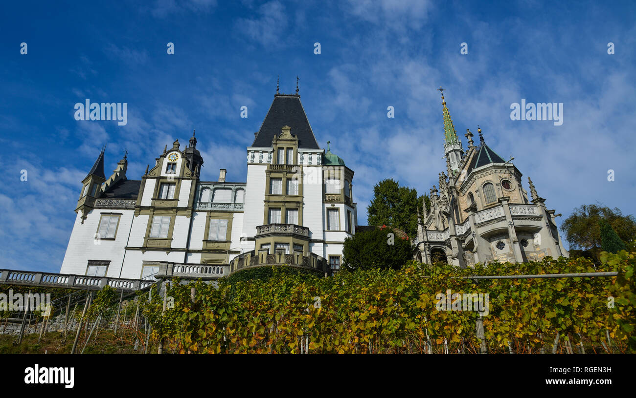 Meggenhorn Castle with vineyard in Lucerne, Switzerland. The castle is a Swiss heritage site of national significance. Stock Photo