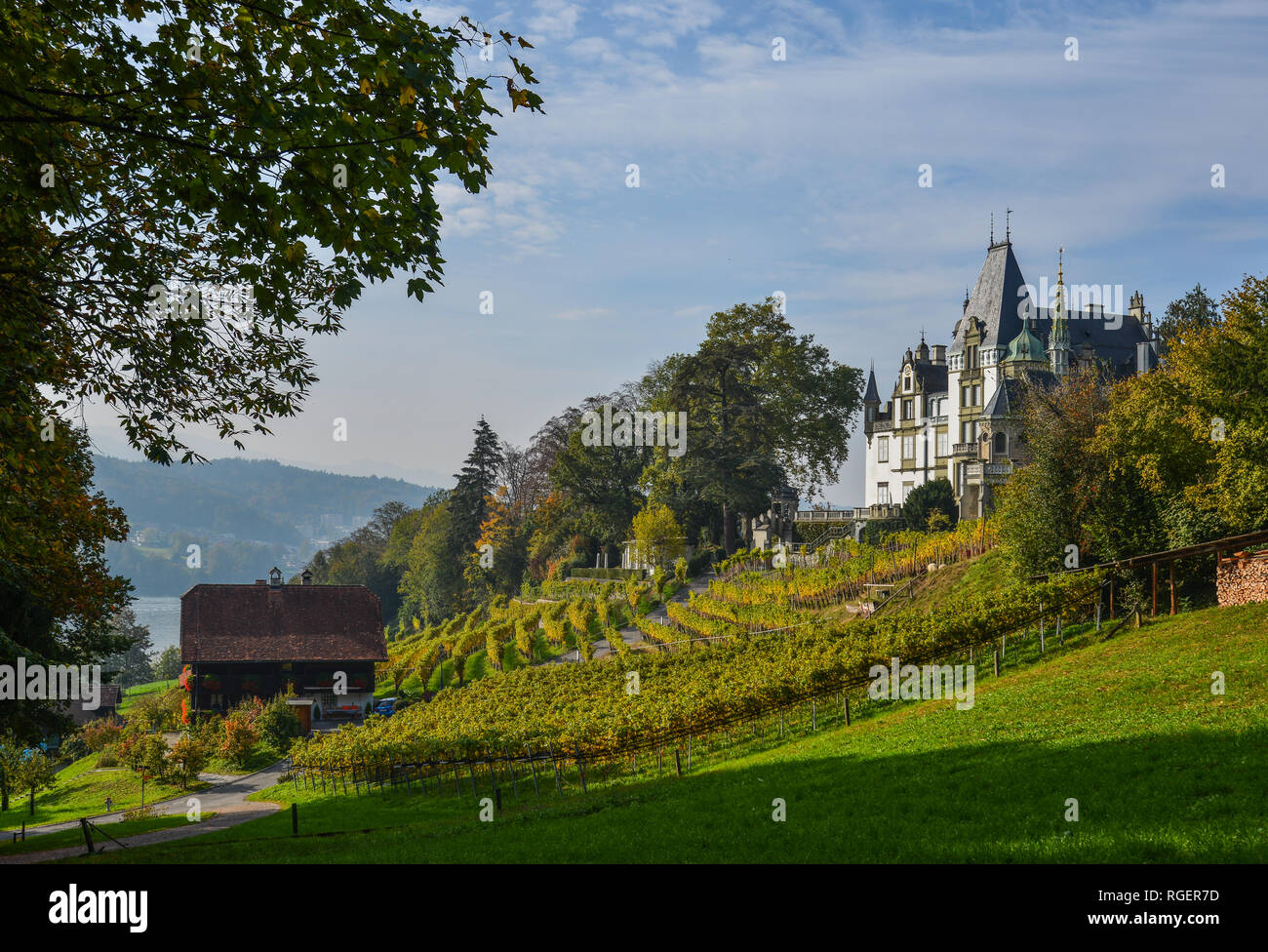 Meggenhorn Castle with vineyard in Lucerne, Switzerland. The castle is a Swiss heritage site of national significance. Stock Photo