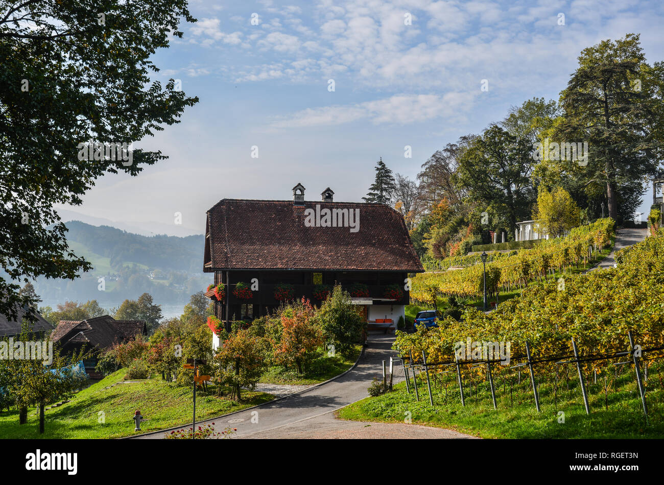 Meggenhorn Castle with vineyard in Lucerne, Switzerland. The castle is a Swiss heritage site of national significance. Stock Photo