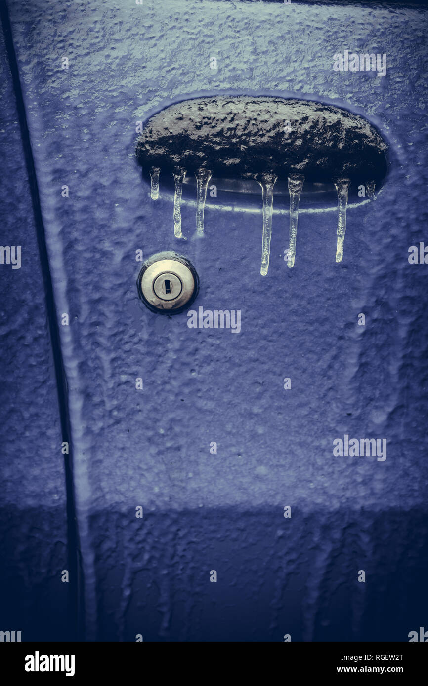 Close Up Shot Of A Car S Frozen Door Lock Stock Photo