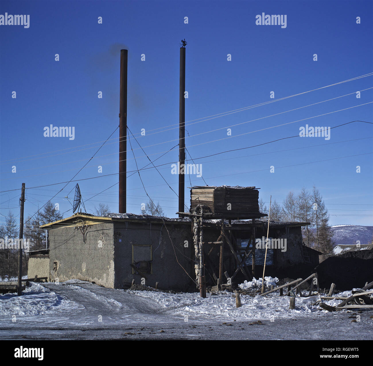 Heating building of Oymyakon village, Yakutia, Siberia, Russia Stock ...