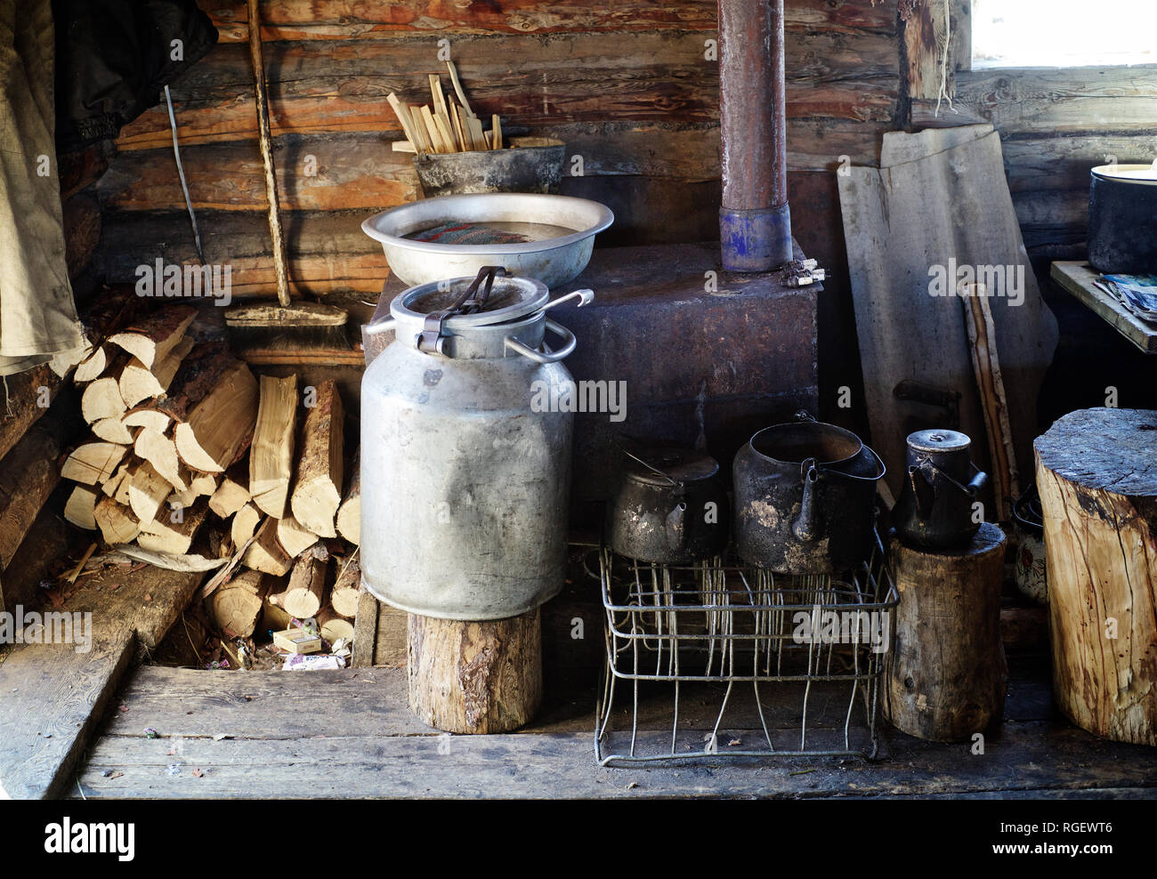 Horse keeper wood house,  Oymyakon, Yakutia, Siberia, Russia Stock Photo