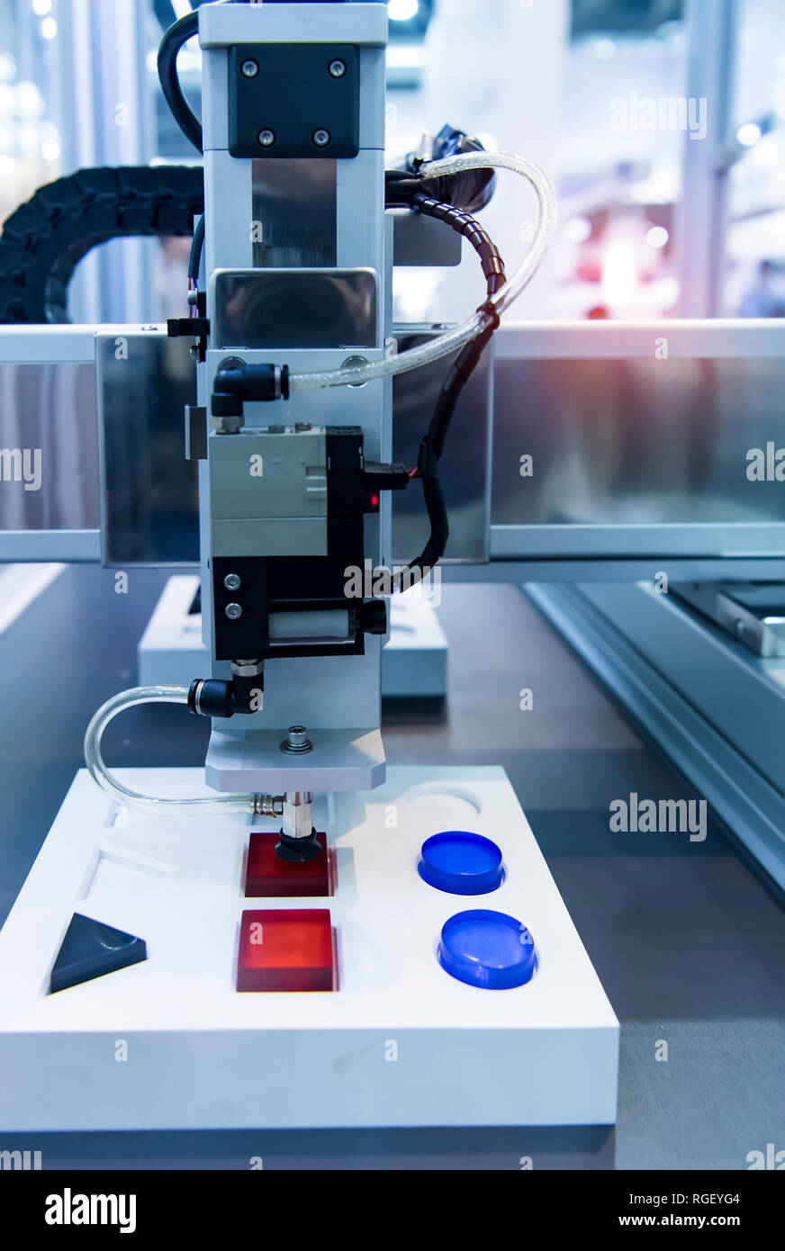 pneumatic piston sucker unit on industrial machine,automation compressed air factory production Stock Photo