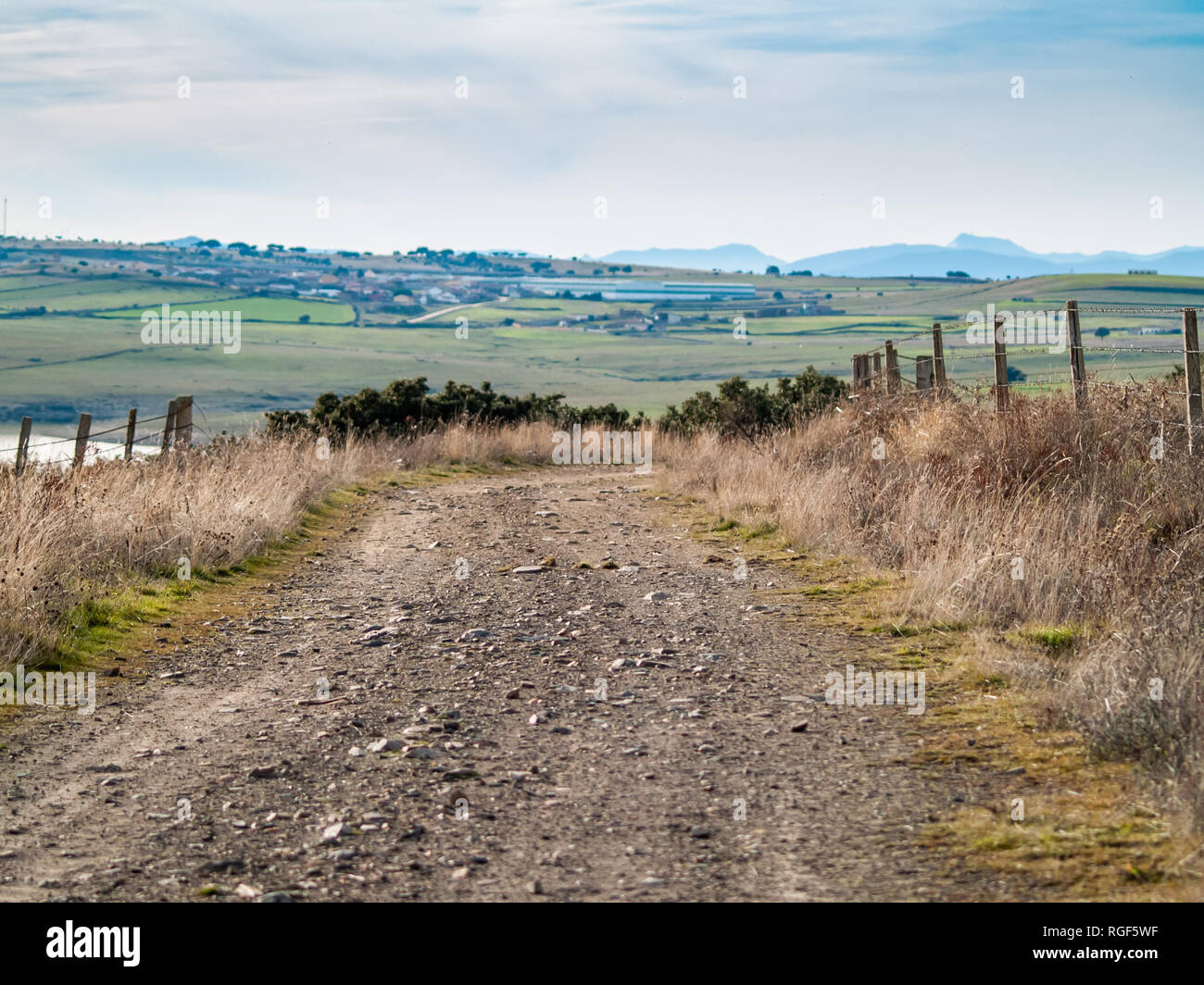 Landscape with a dirt road between a barbed wire fence in nature on a cloudy day Stock Photo