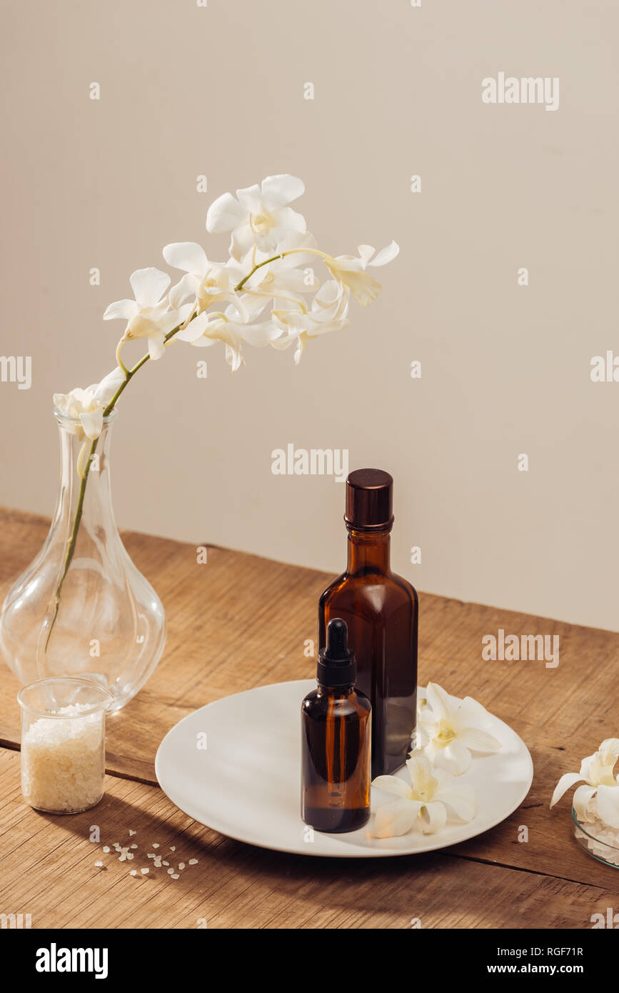 Body Care Products Essential Oils In Brown Bottles Sea Salt Ingredients For Body Scrub Stock Photo Alamy
