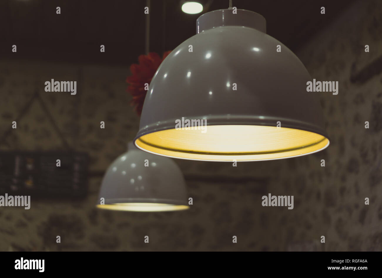 Hanging lights in cafeteria. Close image of metalic lights in coffee