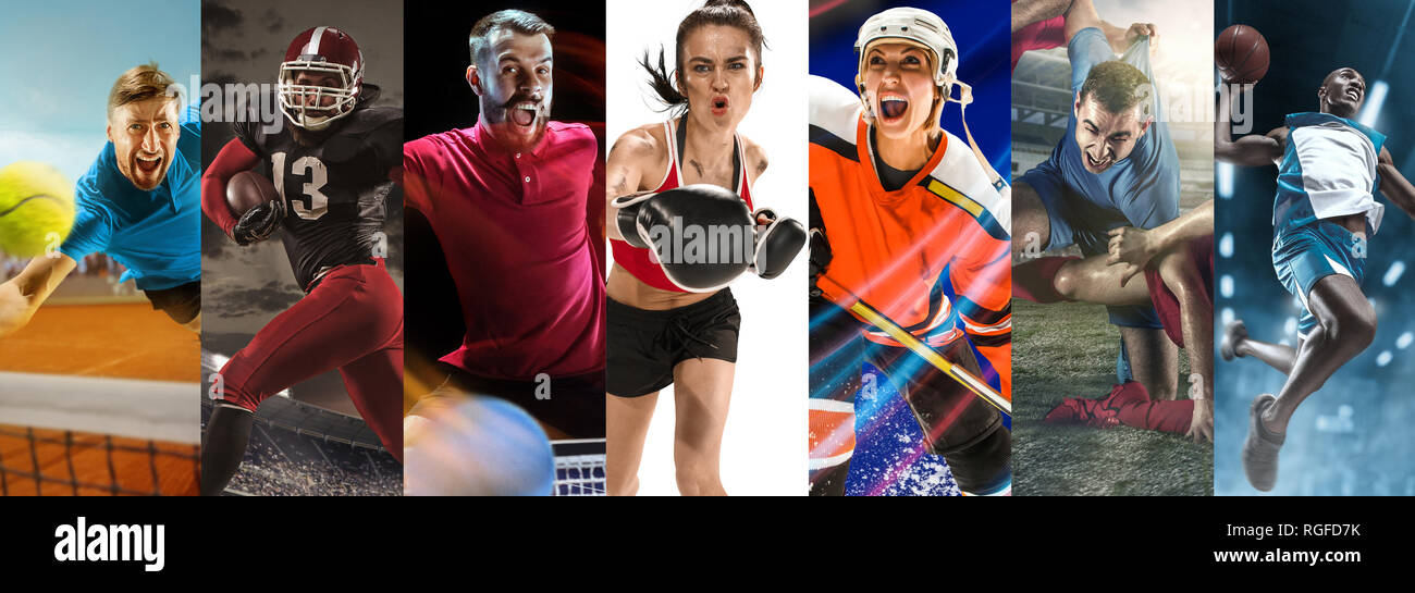 Attack. Sport collage about soccer, american football, table tennis ...