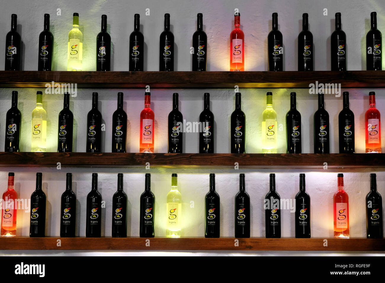 Wine bottles in a bodega in the winegrowing region of La Geria Stock