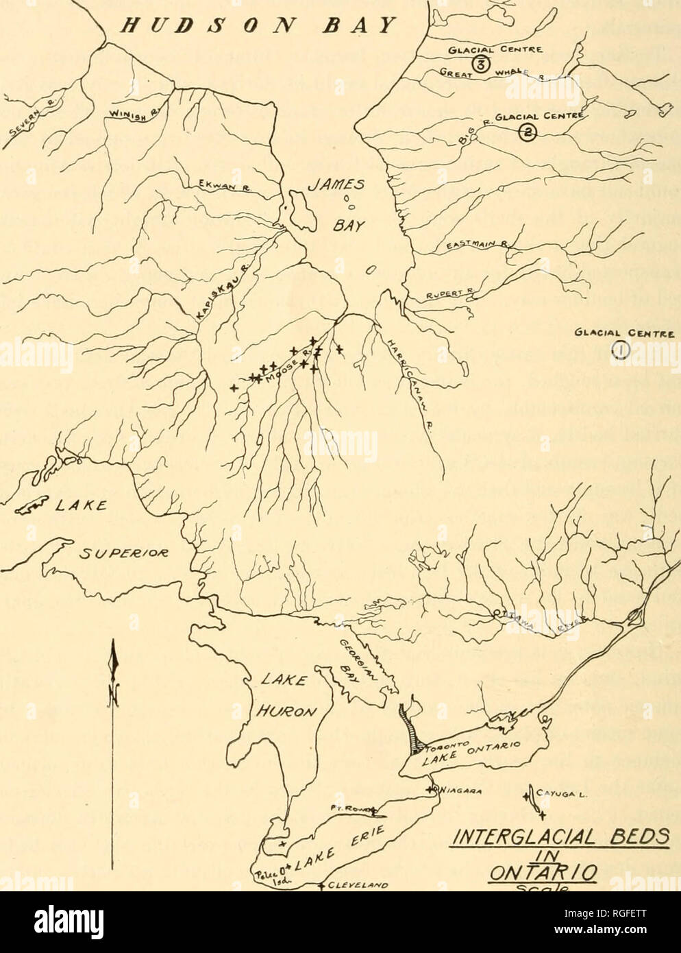 . Bulletin of the Geological Society of America. Geology; Geology -- United States. 250 A. p. COLEMAN THE EARLIEST INTER-GLACIAL PERIOD. INTERGLACIAL B£.D3 IN ONTAf^/O Scale, /oo mi Iks Figure 2.—MaiJ shoicing interglacial lieds in Ontario. Please note that these images are extracted from scanned page images that may have been digitally enhanced for readability - coloration and appearance of these illustrations may not perfectly resemble the original work.. Geological Society of America. [New York, etc. ] The Society Stock Photo