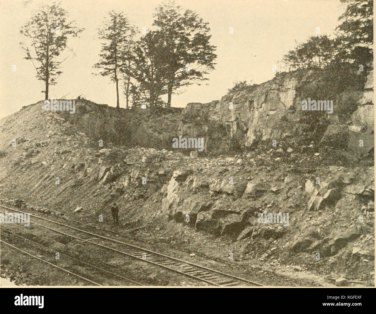 . Bulletin of the Geological Society of America. Geology; Geology -- United States. BULL. GEOL. SOC. AM. VOL. 26, 1914. PL. 8. FiGUKE 1.—West Wall of Bi;ooklyn Ciia.vxel 'I'he view is on the north side of the cut. On the right is sandstone at the track level.. On the left is Bedford shale, reaching 10 feet above the track level. Please note that these images are extracted from scanned page images that may have been digitally enhanced for readability - coloration and appearance of these illustrations may not perfectly resemble the original work.. Geological Society of America. [New York, etc. ] Stock Photo