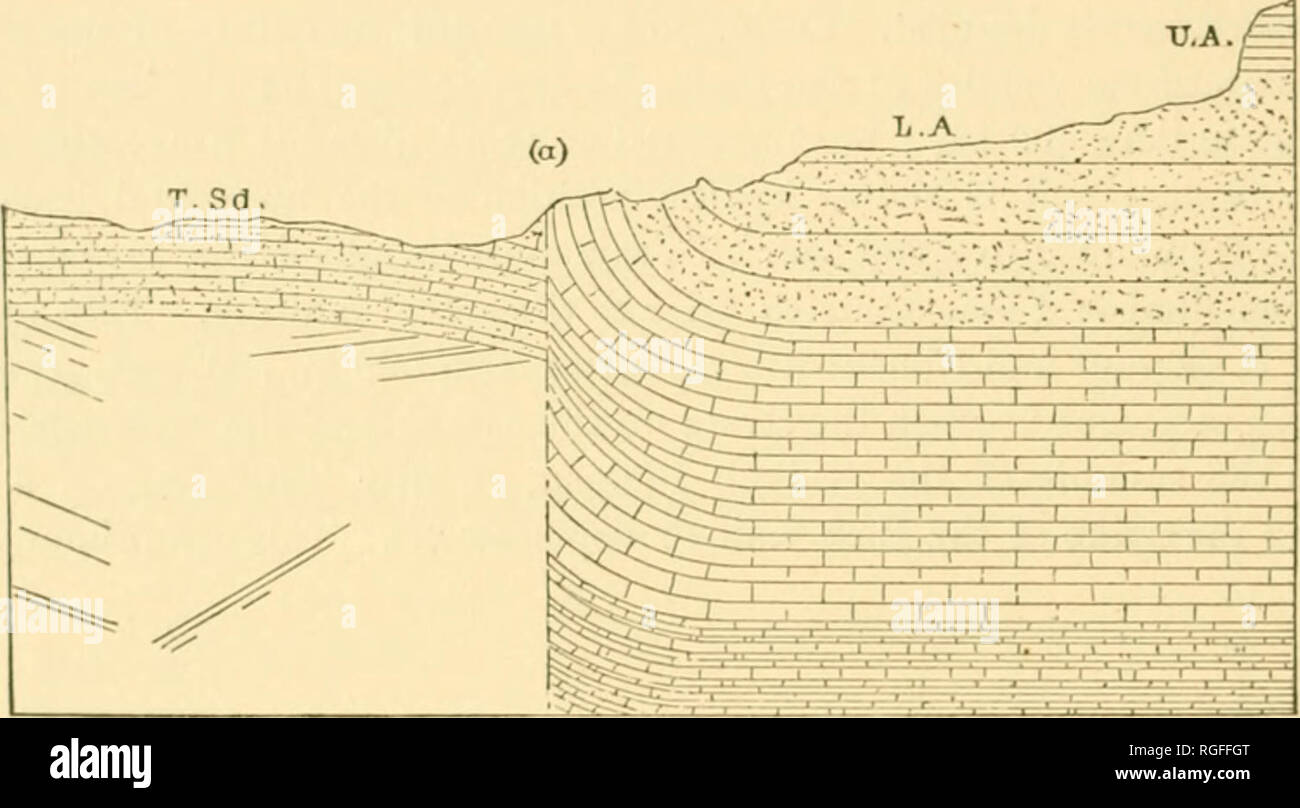 . Bulletin of the Geological Society of America. Geology; Geology -- United States. .&quot;, 1 c. i». WALCOTT—A DISPLACEMENT IN&quot; THE GRAND CANON. fiuiIt continues several miles, the strata n the thrown Bide sometimes ap- proaching the fault almosl horizontally, but usually bending somewhat abruptly upward. They often stand vertically, and arc bo metamorphosed, flattened out, or compressed, that little of the original appearance of the ruck remains. Figure 5 represents a cross-section of the ridge south of Kwa-gunt valley, and figure 6 is a cross-section of the divide Leading into (dinar v Stock Photo